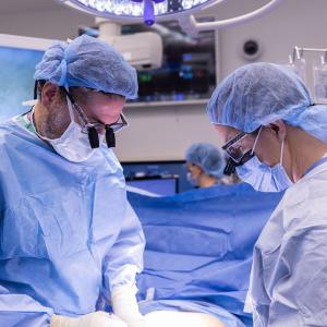Dr. Adam Griesemer and Dr. Karim Halazun perform surgery in an OR.